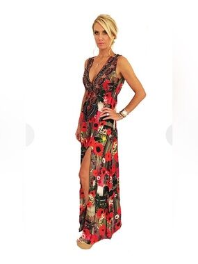 Floral Red V-Neck Maxi Dress with Side Slit